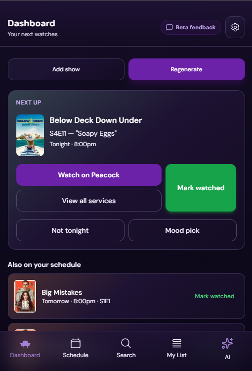 CouchTime beta dashboard showing in-progress shows and what to watch next