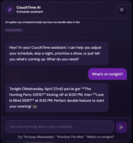 CouchTime AI chat answering what is on tonight