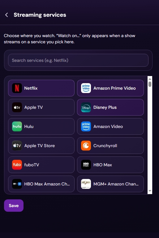 CouchTime streaming services picker with search and service logos