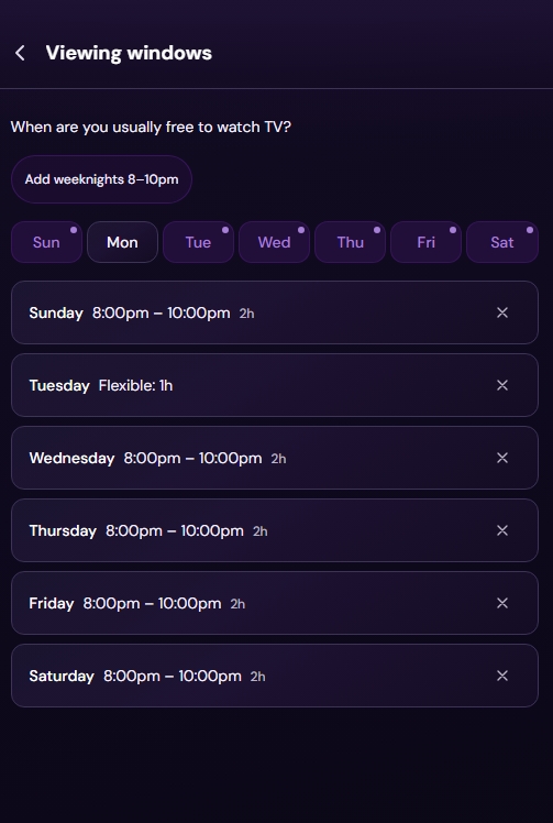 CouchTime viewing windows screen with weekday grid and time ranges